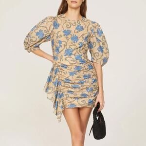 Rhode Beige Blue Floral Ruched Mini Dress SIZE 2 Cotton Puff Sleeve Cottage $445